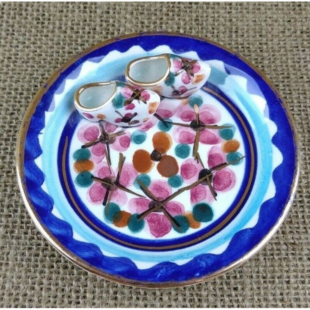 Vintage Majolica Trinket Ring Dish Holland w Klompen Dutch Shoes Blue Pink